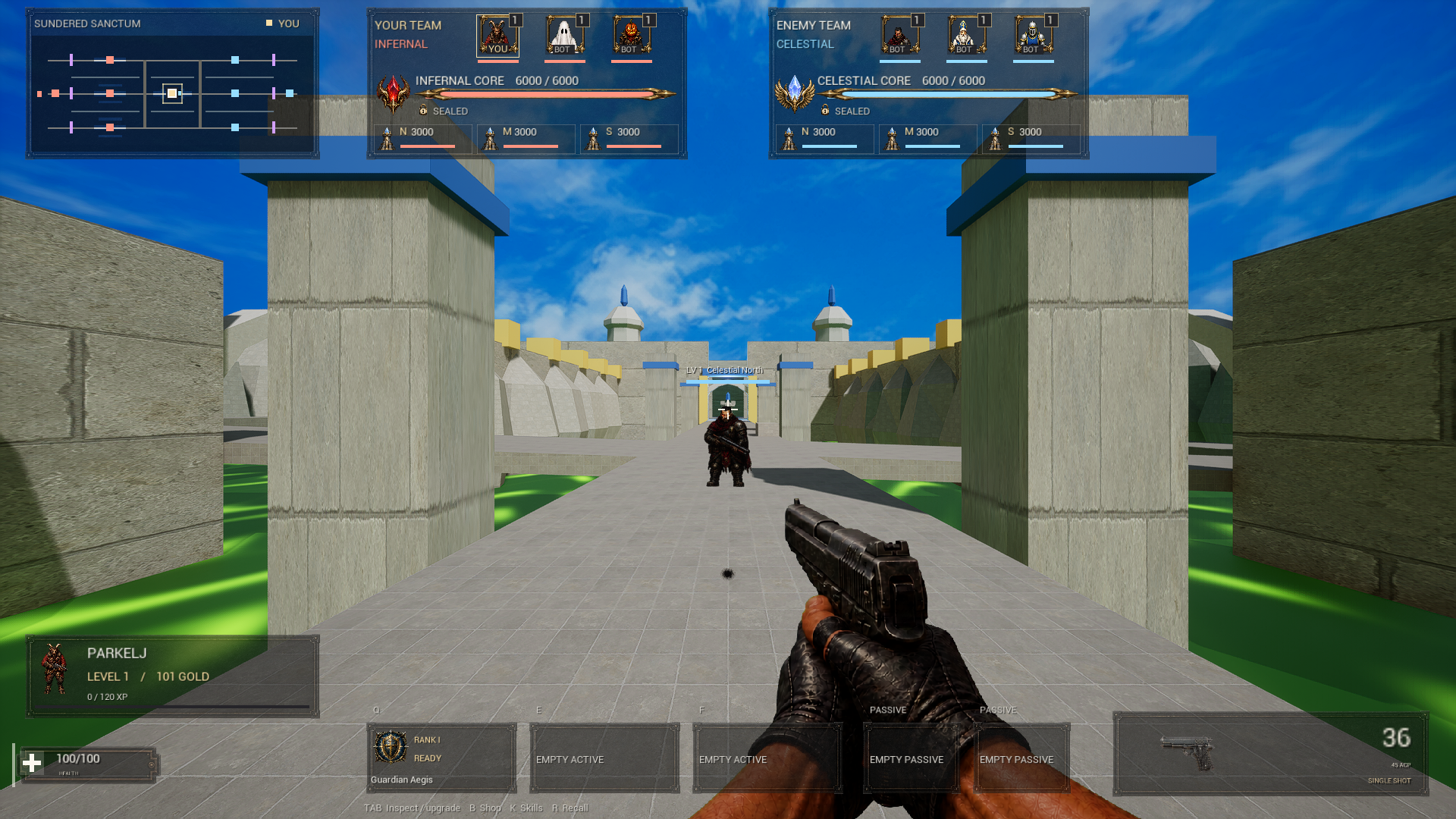 Heroes Arena from the player's perspective: first-person gunplay, team portraits, lane objectives and a five-slot skill loadout.